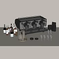 Modern Black Coffee Machine As Household Appliance With Wine Bottles Glassware And Trays
