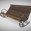 Outdoor Bench with Brown Wooden Slats and Black Curved Metal Scroll Legs
