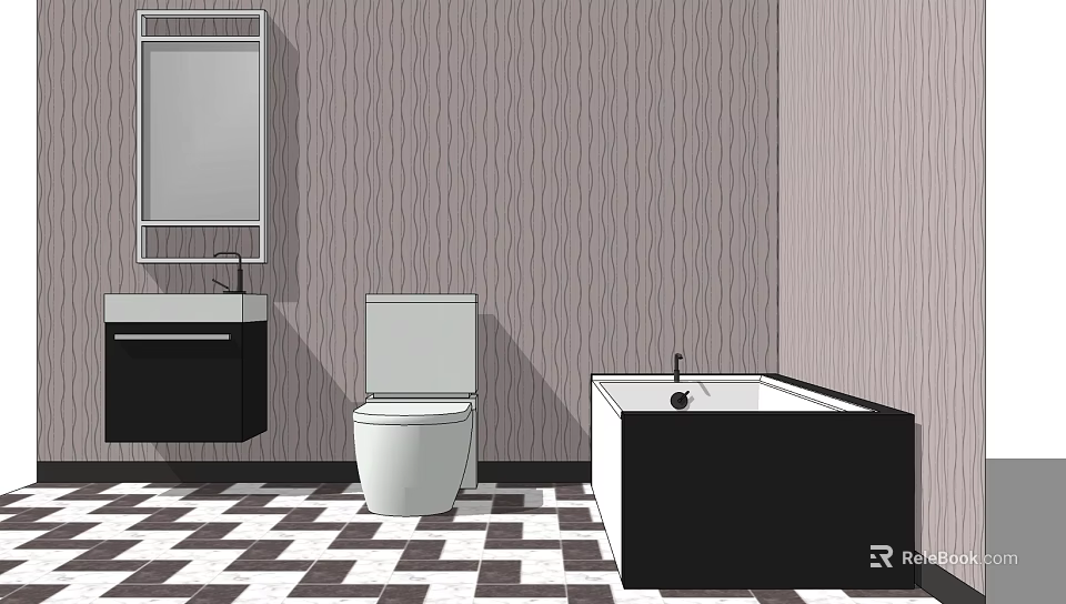 Black Wall Mounted Washbasin in Bathroom with Wavy Pattern Wallpaper and Checkered Floor 3d model 