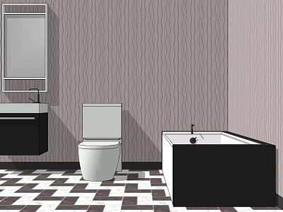 Black Wall Mounted Washbasin in Bathroom with Wavy Pattern Wallpaper and Checkered Floor 3d model