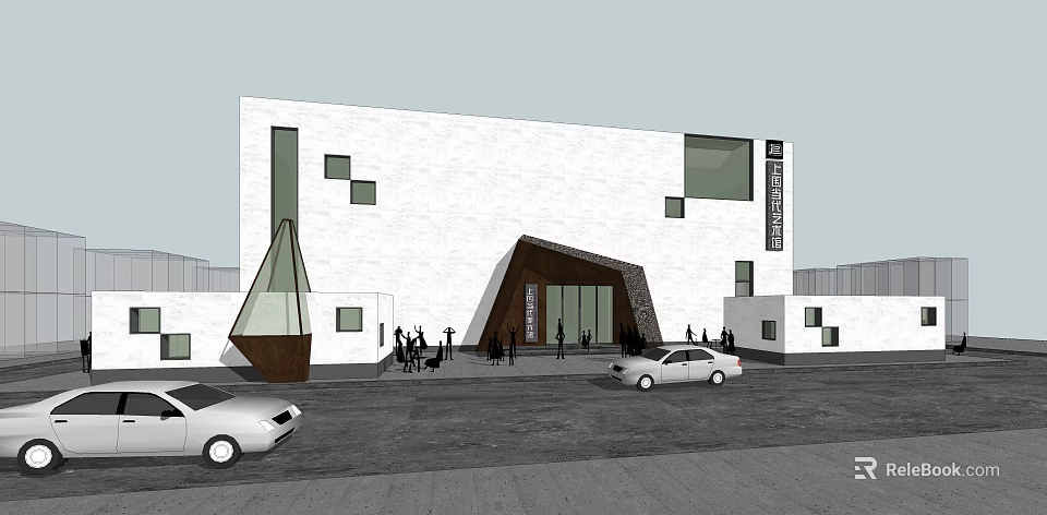 Modern Museum Building Featuring White Facade Geometric Windows Triangular Entrance People And Cars 3d model 