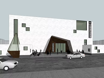 Modern Museum Building Featuring White Facade Geometric Windows Triangular Entrance People And Cars 3d model