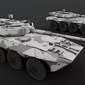 Two Military Wheeled Armored Vehicles with Camouflage Pattern and Combat Features