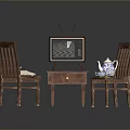 Vintage Living Room Setup With Wooden Chairs Table TV Books And Teapot