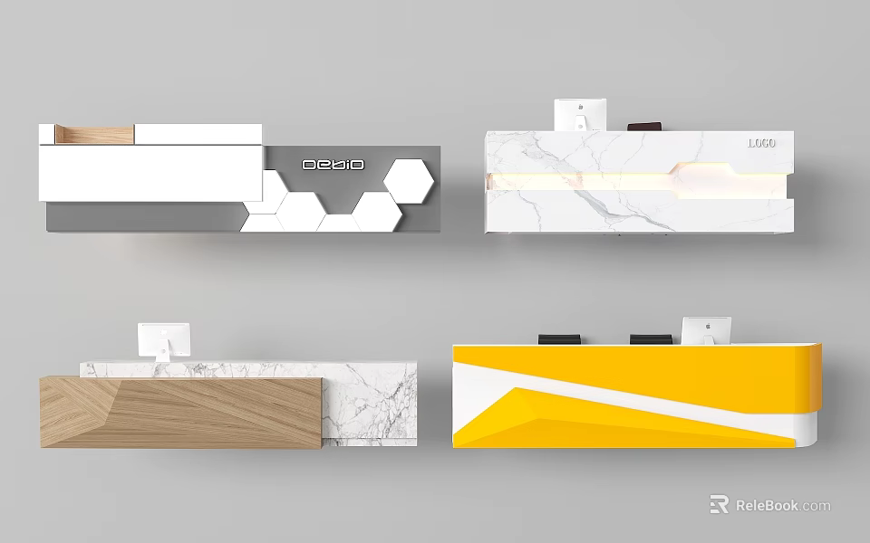 Modern Reception Desk Designs With Marble Countertop Geometric Patterns And Wooden Accents 3d model 