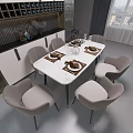 Modern Dining Table Set with Gray Upholstered Chairs Marble Top and Tableware Decor 3d model