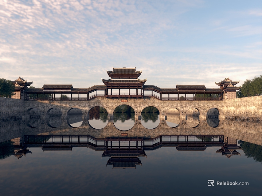 Ancient Chinese Architecture Stone Bridge With Multiple Circular Arches And Reflection On Water 3d model 
