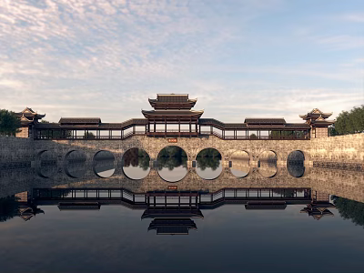 Ancient Chinese Architecture Stone Bridge With Multiple Circular Arches And Reflection On Water 3d model