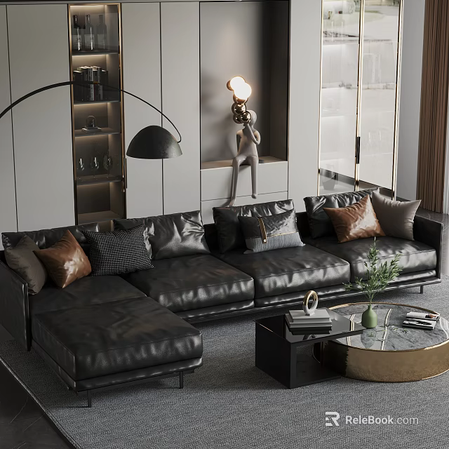 Modern Living Room With Black Leather Sectional Sofa Decorative Pillows Coffee Table And Green Plant 3d model 