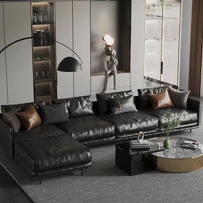 Modern Living Room With Black Leather Sectional Sofa Decorative Pillows Coffee Table And Green Plant 3d model