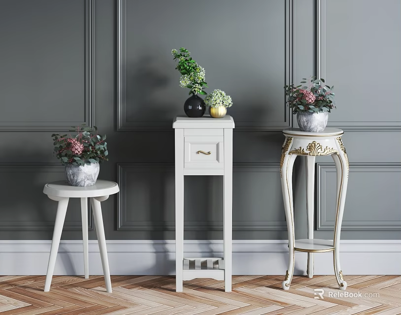 Garden Decorative Plant Stands With White Tables Green Plants Gray Wall And Wooden Floor 3d model 