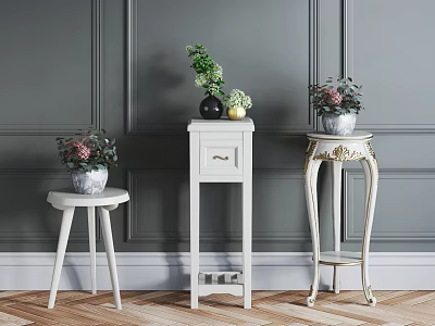 Garden Decorative Plant Stands With White Tables Green Plants Gray Wall And Wooden Floor 3d model