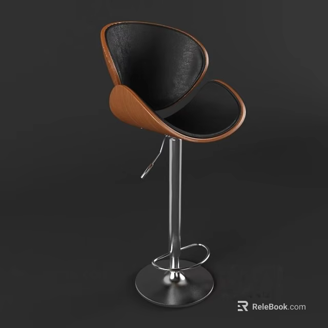 Modern Black Bar Stool With Wooden Backrest And Metal Swivel Base Design 3d model 