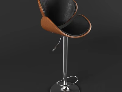 Modern Black Bar Stool With Wooden Backrest And Metal Swivel Base Design 3d model
