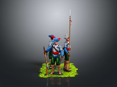 3D Model Of Ancient Soldiers In Blue Red Silver Costumes Standing On Green Grass With Spear 3d model