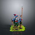 3D Model Of Ancient Soldiers In Blue Red Silver Costumes Standing On Green Grass With Spear
