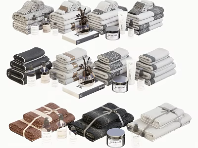 Elegant Bathroom Accessories With Folded Towels Toiletry Bottles And Storage Boxes 3d model