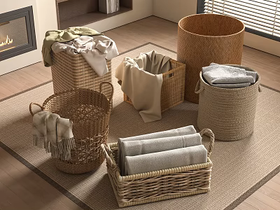 Wicker Bathroom Accessories with Storage Baskets and Towels in Various Sizes 3d model