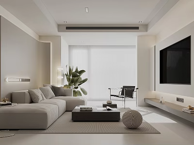 Modern Minimalist Living Room Interior With Gray Sofa Coffee Table And Floor Plant 3d model