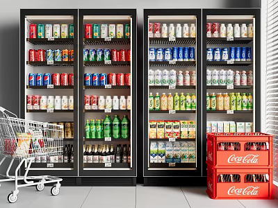 Display Refrigerators Stocked With Beverages In Retail Store With Shopping Cart And Coca-Cola Crates 3d model