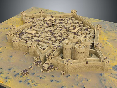Detailed Ancient Castle Model Featuring Encircling Walls and Tower Structures on Sandy Terrain 3d model
