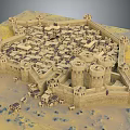 Detailed Ancient Castle Model Featuring Encircling Walls and Tower Structures on Sandy Terrain