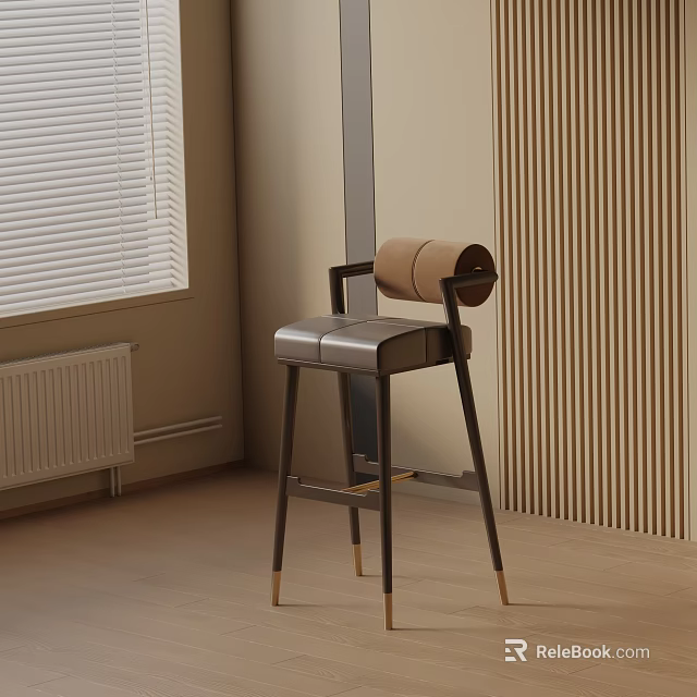 Modern Interior Design With Leather Bar Stool Scroll Backrest Metal Legs Wooden Wall 3d model 