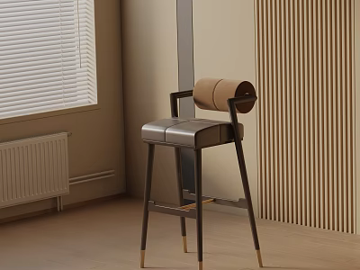 Modern Interior Design With Leather Bar Stool Scroll Backrest Metal Legs Wooden Wall 3d model