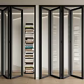 Modern Glass Folding Doors With Black Frame In Interior With Bookshelf And Wooden Floor