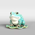Light Blue Frog Landscape Sculpture with Green Leaf Base and Bumpy Textured Surface