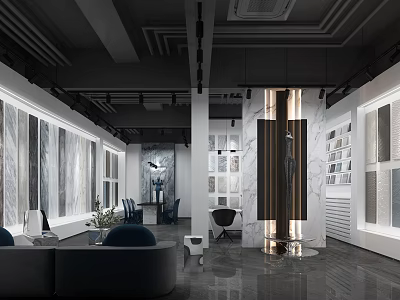 Modern Showroom Interior Design With Marble Walls Display Shelves Sofa And Chairs 3d model