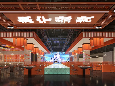 Traditional Chinese Restaurant Interior With Lanterns And Stage 3d model