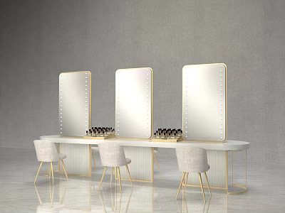 Elegant Dressing Table With Three Golden Framed Mirrors White Countertop And Light Gray Chairs 3d model