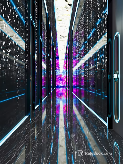 KTV Futuristic Corridor Design With Glowing Pillars Reflective Floor Purple Pink Lighting 3d model 