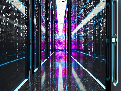 KTV Futuristic Corridor Design With Glowing Pillars Reflective Floor Purple Pink Lighting 3d model