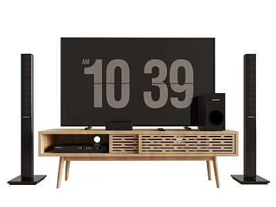 Modern TV Home Entertainment Setup With Wooden Stand And Floor Speakers 3d model