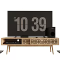 Modern TV Home Entertainment Setup With Wooden Stand And Floor Speakers