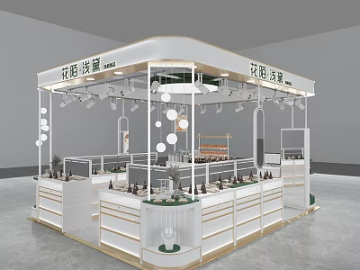 Elegant Modern Open Mall Counter Design With White Display Shelves Hanging Lights And Products 3d model