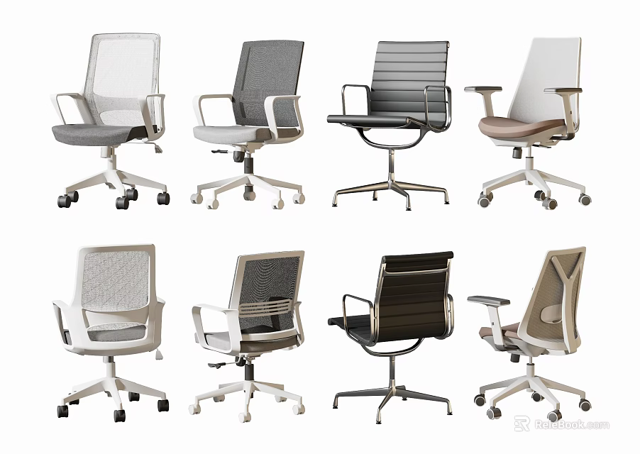 Various Office Chairs With Mesh Padded Backs Gray Black Beige Colors And Swivel Wheels 3d model 