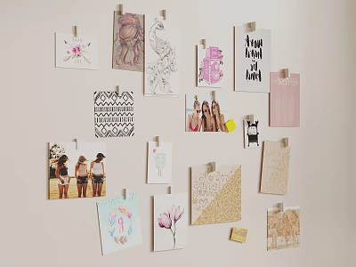 Creative Wall Collage With Artworks Photos And Decorative Cards Using Clips 3d model
