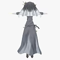Woman In Gray Long Dress With White Line Decorations And Sword At Waist