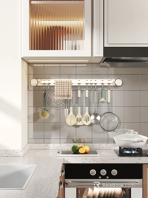 Wall Mounted Kitchen Utensils Rack With Hanging Spatulas Ladles Strainer And Tile Backsplash 3d model