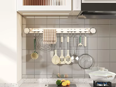 Wall Mounted Kitchen Utensils Rack With Hanging Spatulas Ladles Strainer And Tile Backsplash 3d model