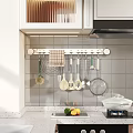 Wall Mounted Kitchen Utensils Rack With Hanging Spatulas Ladles Strainer And Tile Backsplash 3d model