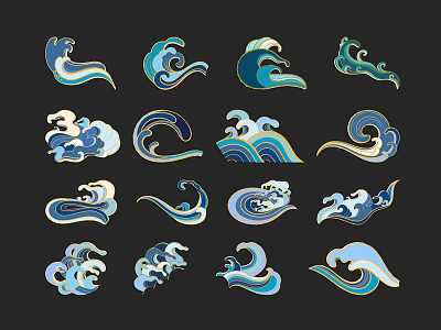 Traditional Decorative Wave Patterns In Various Artistic Styles And Blue Tones 3d model