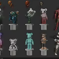 Colorful Collectible Toy Figures With Bear Shapes Superhero And Soldier Designs On Display Stands