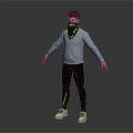 3D Character Model Featuring Blue Gray Hair Patterned Scarf Gray Sweater Black Pants White Sneakers