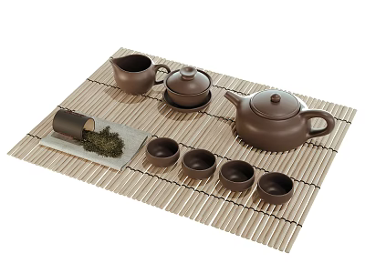 Traditional Brown Tea Set with Teapot Lidded Bowl Small Cups and Bamboo Mat 3d model