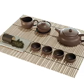 Traditional Brown Tea Set with Teapot Lidded Bowl Small Cups and Bamboo Mat