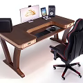 Wooden Office Desk With Monitor Smartphone Speakers Keyboard And Black Gaming Chair With Red Accents